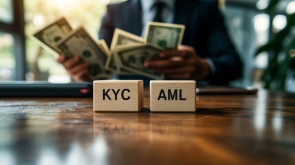 Poster - A businessman holds cash while KYC and AML blocks sit on a wooden table, symbolizing compliance in finance.