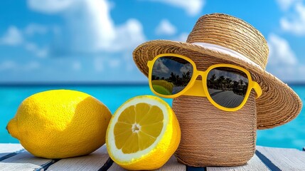 Wall Mural - Summer scene featuring a stylized lemon wearing a straw hat and sunglasses, positioned next to whole and sliced lemons on a light colored wooden