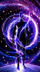 Poster - a cosmic human figure radiating glowing energy, with shimmering particles flowing across the body in