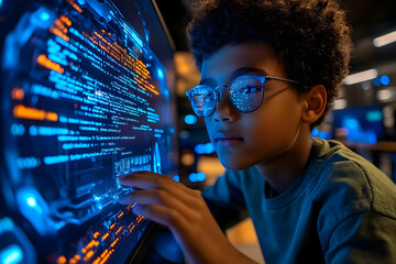 Poster - Focused Child Interacting With Glowing Computer Screen