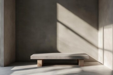 Canvas Print - Minimalist room features a stone bench bathed in sunlight