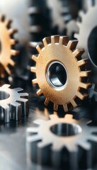 Poster - metal gears close-up view of interlocking cogs and machinery components in industrial setting
