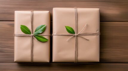 Canvas Print - Two kraft paper wrapped gifts, tied with twine and decorated with fresh green leaves, sit on a rustic wooden surface. The gifts are different sizes