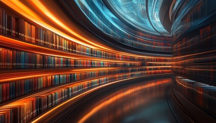 Poster - Exploring a Futuristic Library: Bookshelves Curve in a Modern Design with Warm Lighting