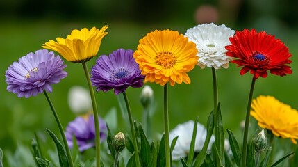 Canvas Print - Colorful flowers in various shades of yellow, orange, red, purple and white, stand in a lush green garden setting. Close up view, showcasing detailed