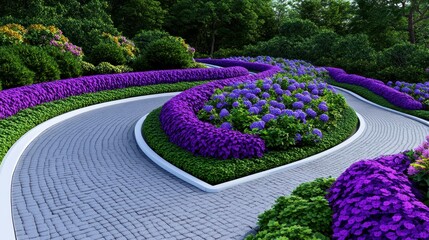 Poster - a stylized, digitally rendered garden path winds through vibrant flowerbeds. purple flowers, with ot