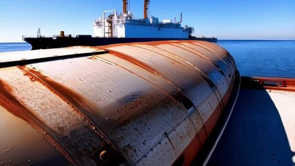 Poster - rusty industrial ship hull trailing large lng carrier across calm blue sea, highlighting weathered m