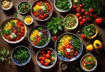 Wall Mural - colorful plant based dishes artfully arranged beautiful bowls featuring fresh ingredients natural vibrant colors, appetizer, arrangement, aesthetic, bright