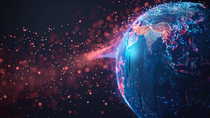 Poster - A digital rendering of the Earth with glowing lines and dots, set against a dark background with red bokeh lights.