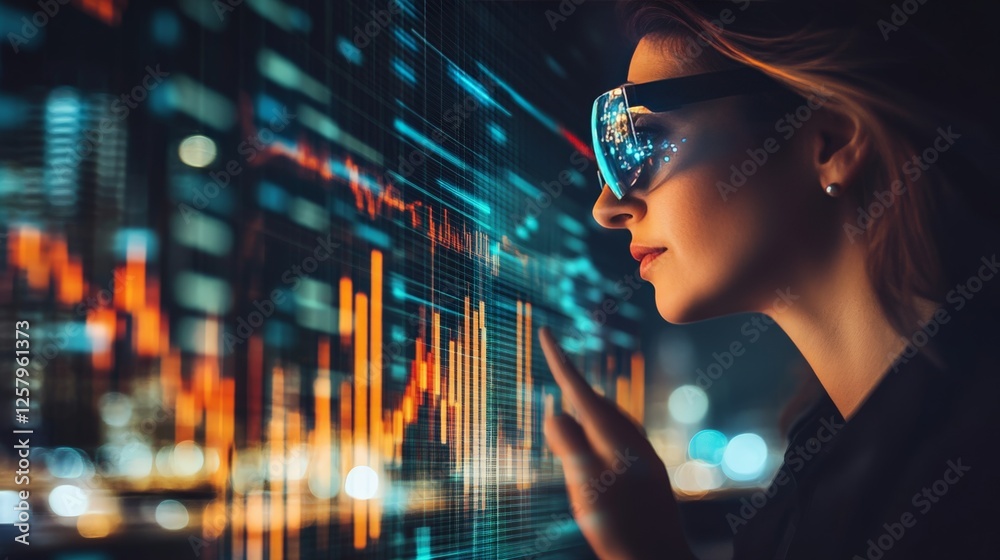 Business leader using augmented reality (AR) glasses to visualize AI ...