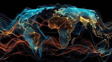 Poster - Abstract world map with flowing lines in blue and orange.