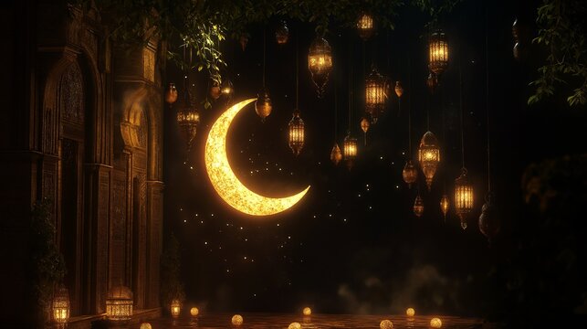 A golden crescent moon and lanterns hanging in celebration of Eid al-Fitr or Ramadan