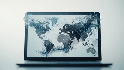 Poster - Global Network: Data Visualization on Laptop Screen Shows Worldwide Connectivity Expanding Digitally
