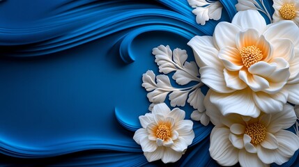 Wall Mural - Serene backdrop featuring sculpted blue waves and pristine floral accents