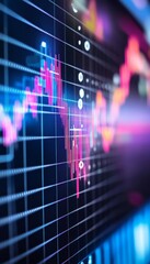 Poster - Financial Market Chart, Upward Trend, Pink, Blue, White Lines, Data, Dark Blue Background