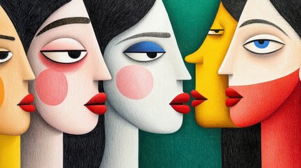 Close up view of five stylized female faces, depicted in profile view, each with a unique color palette creating a vibrant and bold composition. The