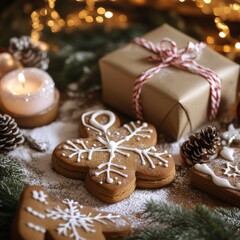 Wall Mural - gingerbread and gifts happy new year. festive background.