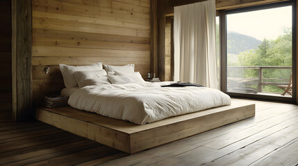 Poster - A serene wooden bedroom featuring a minimalist bed, natural light, and a view of nature, promoting relaxation and comfort