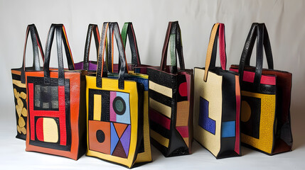 Poster - A vibrant array of uniquely designed tote bags featuring geometric patterns and bold colors, showcasing a blend of art and functionality