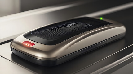 Aufkleber - A sleek, modern device with a textured top, featuring a red button and a green light, resting on a metallic surface