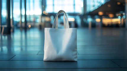 Poster - A stylish white tote bag stands prominently in a modern, spacious environment, illuminated by natural light