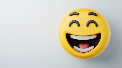 Poster - 3d rendering of a happy emoji, smiling broadly with closed eyes, against a plain light gray backgrou