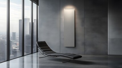 Fototapete - A sleek modern lounge chair sits in a minimalist room with large windows showcasing a city skyline