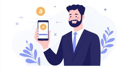 Poster - Businessman Showing Mobile App with Cryptocurrency Bitcoin Icons