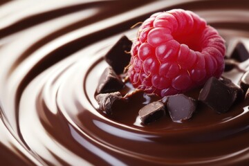 Wall Mural - Raspberry and chocolate pieces sit atop swirling chocolate surface