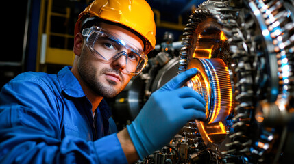 Wall Mural - professional mechanical engineer inspecting machinery with precision and focus