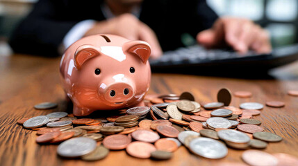 Wall Mural - professional workspace featuring piggy bank surrounded by coins, symbolizing savings and financial planning