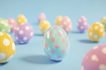 Aufkleber - Colorful polka-dotted Easter eggs on a blue background, 3D rendering, studio lighting, soft light, high quality, cinematic.