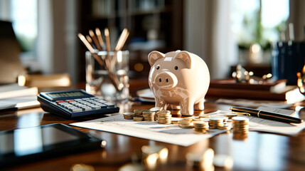 Wall Mural - well lit financial planning desk featuring piggy bank, calculator, and coins, creating productive atmosphere