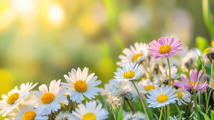 flowers daisies in summer spring meadow on background blue sky with white clouds,summer natural idyl