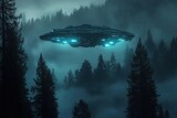 Mysterious Alien UFO Abduction Scene Illuminated in Night Sky Over Forest Landscape