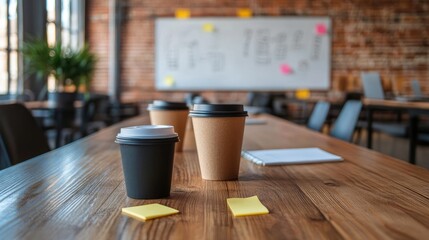 Poster - Collaborative open-space meeting area with sticky notes, whiteboards, and coffee cups.