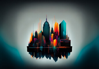 Aufkleber - Vibrant cityscape at night featuring colorful buildings and their reflections. The skyline glows against a dark backdrop, creating a modern, artistic scene.