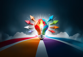 Poster - A vibrant light bulb radiates colorful arrows, symbolizing bright ideas and innovation.  It stands on a rainbow path against a dark, cloudy backdrop, representing creative direction.