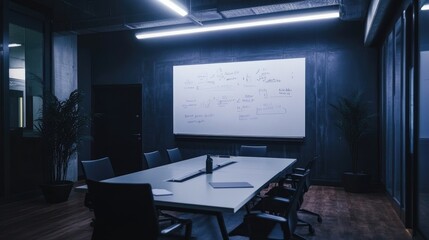 Poster - Corporate meeting room with a whiteboard full of strategic planning notes.