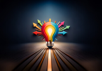 Poster - A vibrant lightbulb radiates bright light with colorful arrows pointing outwards, symbolizing creative ideas, innovation, and multiple directions.