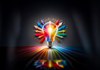 Aufkleber - Illuminated light bulb at center stage, surrounded by converging colorful arrows and emanating rays, showcasing innovation and idea generation.