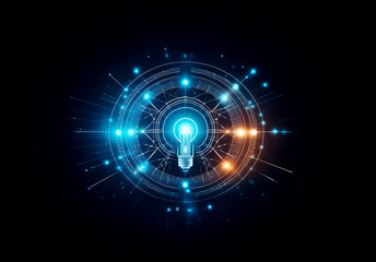 Poster - Bright light bulb at the center of digital circles and lines pattern with blue and orange lights on a dark backdrop. Abstract representation of innovation and technology.