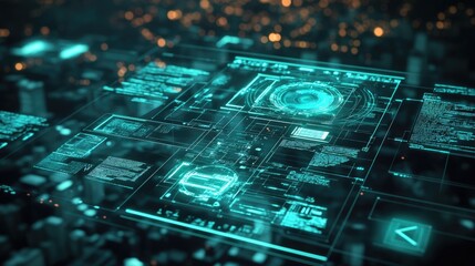 Poster - Cyberpunk-inspired AI-powered cityscape with holographic interfaces.