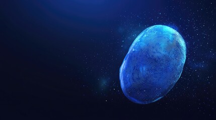 Poster - Cybersecurity concept with a holographic fingerprint scan on a dark blue background.