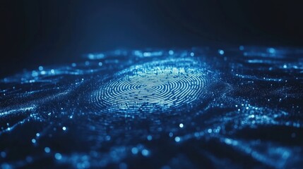 Poster - Cybersecurity concept with a holographic fingerprint scan on a dark blue background.