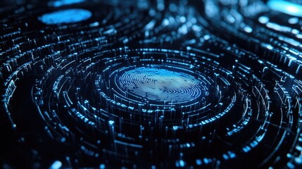 Poster - Cybersecurity concept with a holographic fingerprint scan on a dark blue background.