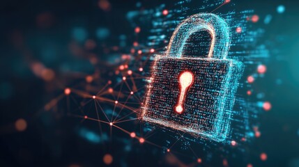 Poster - Cyber attack prevention visualization with encrypted codes on a dark teal background.
