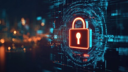 Poster - Cyber attack prevention visualization with encrypted codes on a dark teal background.