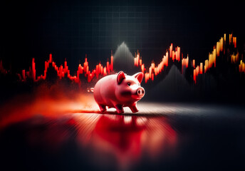 Aufkleber - Piggy bank strides confidently against a backdrop of fluctuating financial graphs with red and yellow lines on a dark background.
