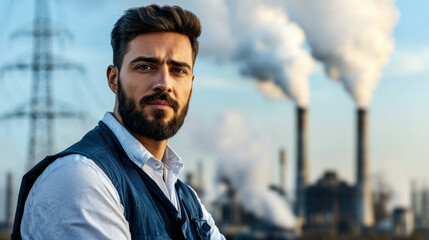 man with beard stands confidently in front of power plant, showcasing industrial smoke and energy production